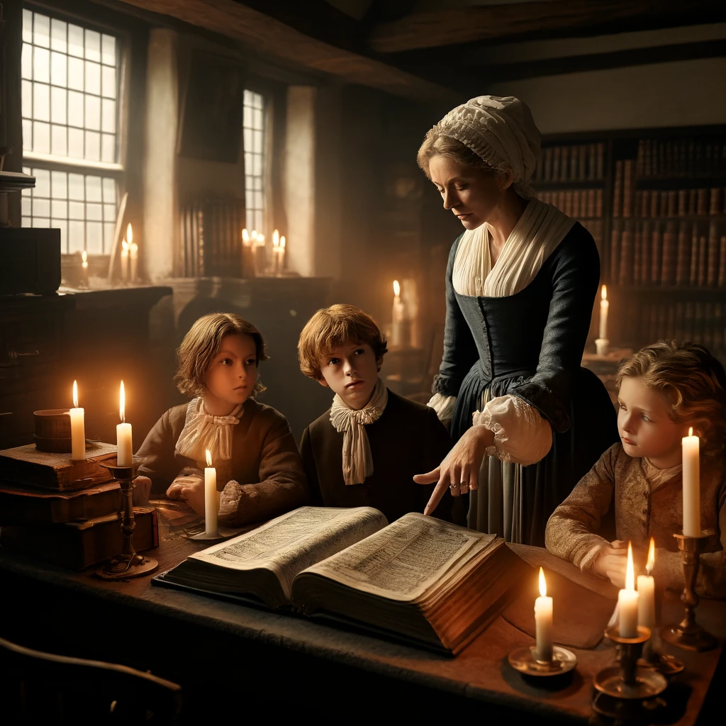 DALL·E 2024 04 18 00.36.28 An intimate 18th century English classroom scene depicting a young John Wesley with his siblings being taught by their mother Susanna Wesley. The ro