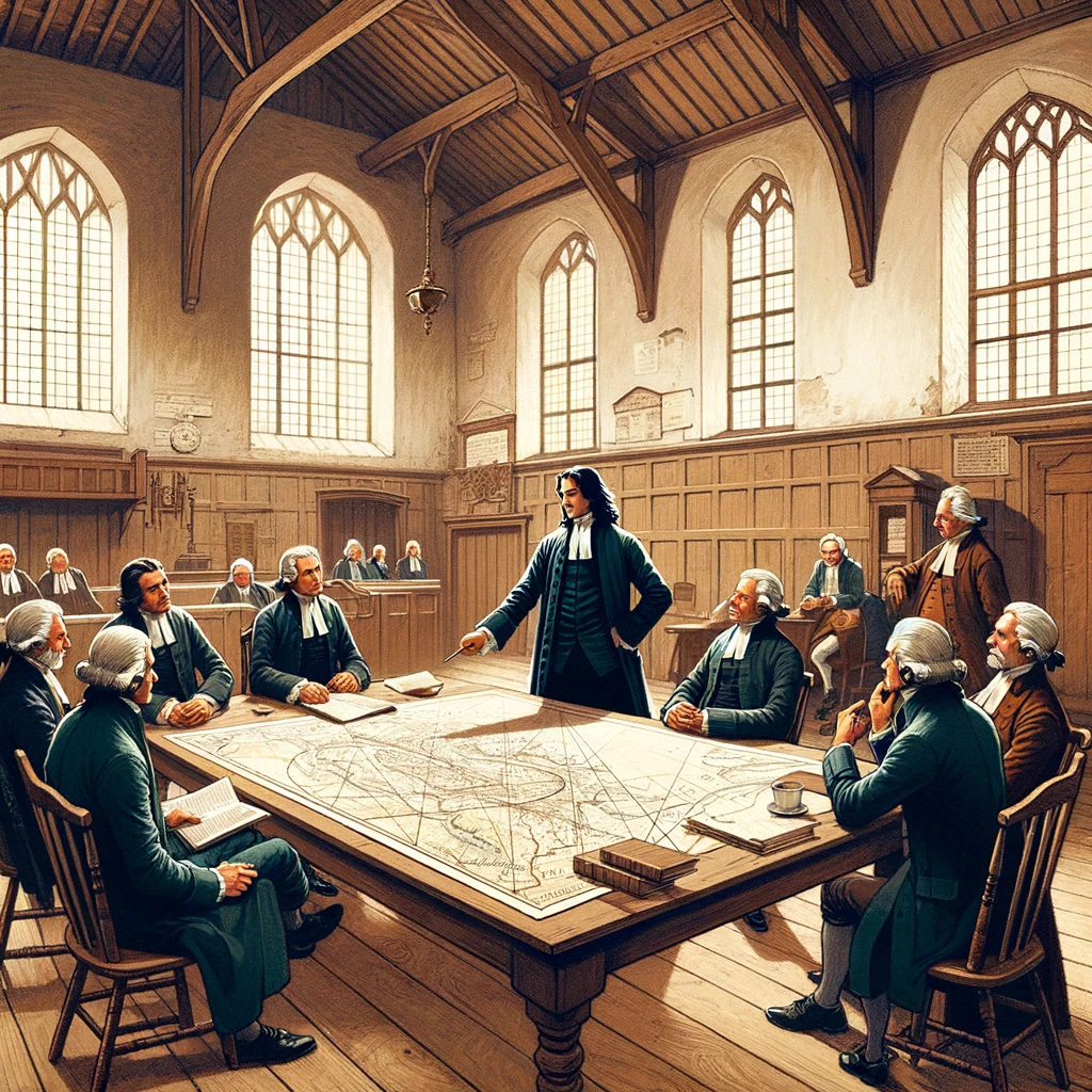 DALL·E 2024 04 18 00.44.52 Illustration of John Wesley organizing a meeting with a group of lay preachers in a modest 18th century church hall. The setting is simple yet functio