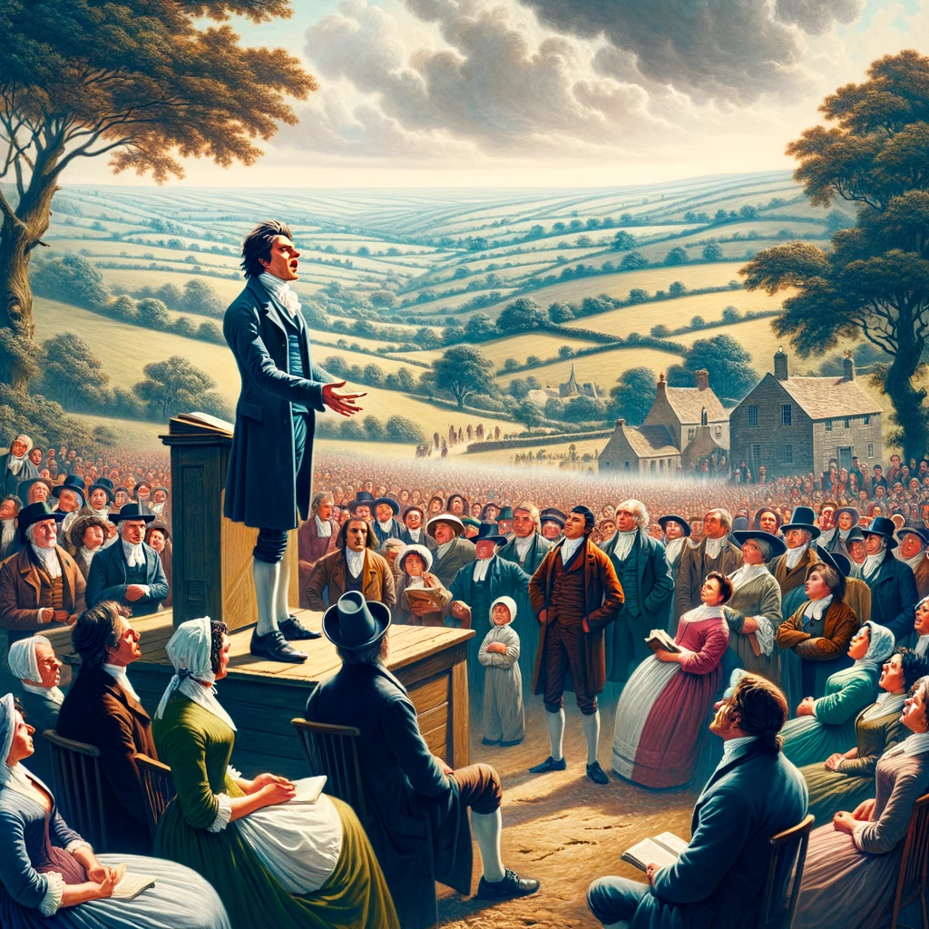 DALL·E 2024 04 18 00.44.55 A dynamic scene of John Wesley preaching outdoors in an 18th century English landscape to a diverse crowd. People of various ages and backgrounds list